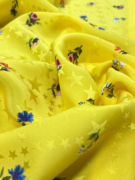 S-7790W DESIGNER STARS AND FLORWERS PRINT SILK CHARMEUSE SATIN BACK. ITALY