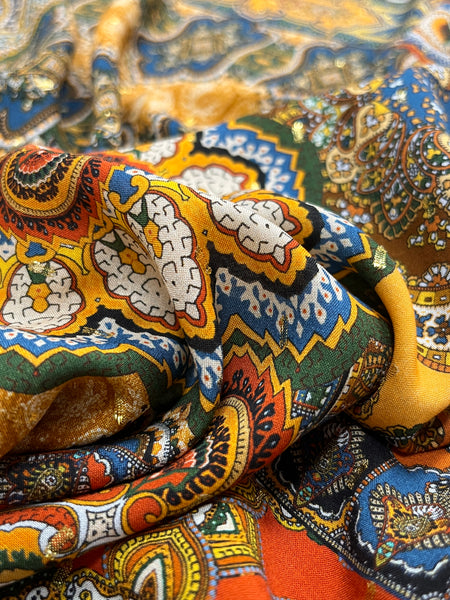 RV-9201W BOHO PRINT VISCOSE METALLIC CHALLIS. ITALY