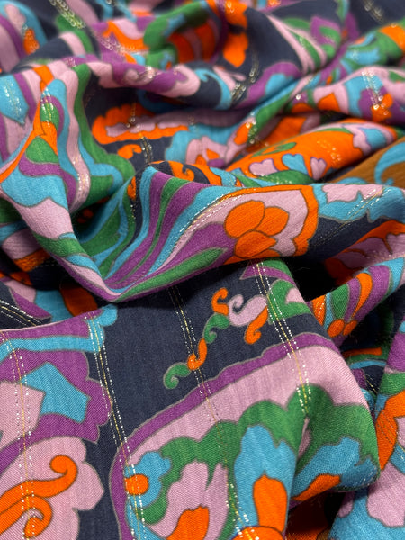 RV-9016W PAISLEY PRINT METALLIC ECOVERO VISCOSE CHALLIS. ITALY.