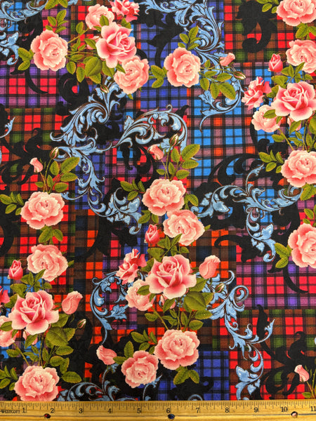 CP-9209W ROSE PRINT FINE JACQUARD BACK STRETCH COTTON SATEEN. ITALY.