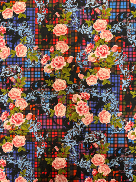CP-9209W ROSE PRINT FINE JACQUARD BACK STRETCH COTTON SATEEN. ITALY.