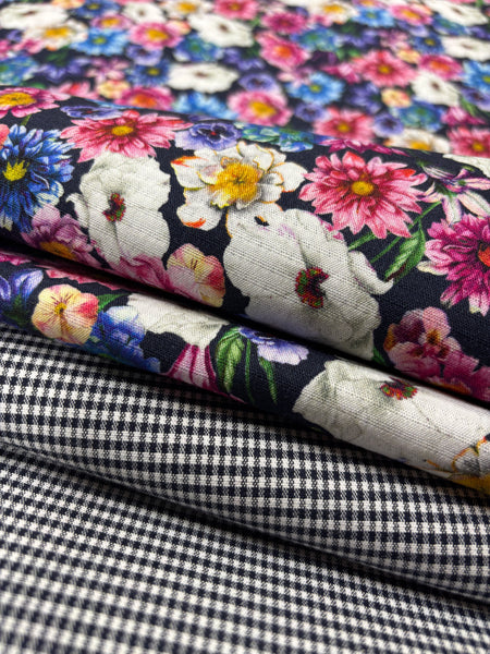 CVT-9275W DOUBLE FACED LIBERTY FLORAL PRINT GINGHAM BACK TECHNO STRETCH COTTON VISCOSE. ITAL