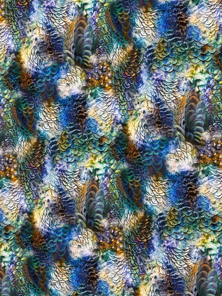 CVT-9277W DOUBLE FACED PEACOCK FEATHER PRINT GINGHAM BACK TECHNO STRETCH COTTON VISCOSE. ITALY