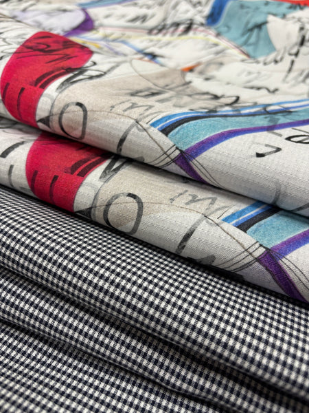 CVT-9274W DOUBLE FACED ABSTRACT PRINT GINGHAM BACK TECHNO STRETCH COTTON VISCOSE. ITALY