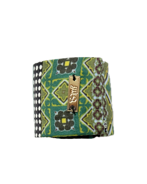 SB-1012 “EMERALD TILE MOSAIC MIXED-PRINT" - DESIGNER SILK SLAP BRACELET "SAMS MAISON" - MADE IN FRANCE