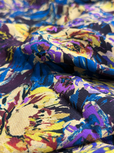 REF-195 BRUSH STROKE FLORAL PRINT VISCOSE CREPE HAND. ITALY. A CUT OF 1-1/8 YARD.