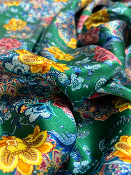 S-9282W FLORAL PRINT STRETCH SILK CHARMEUSE. MADE IN ITALY.