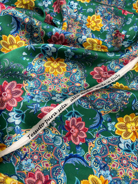 S-9282W FLORAL PRINT STRETCH SILK CHARMEUSE. MADE IN ITALY.
