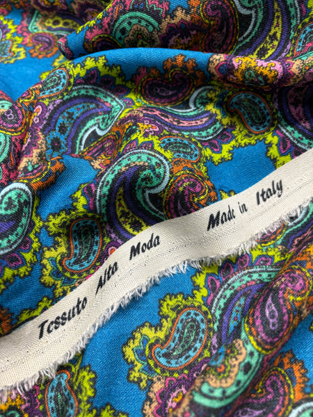 WC-9296W DIGITAL PAISLEY FLAME PRINT WOOL TWILL CHALLIS. MADE IN ITALY.