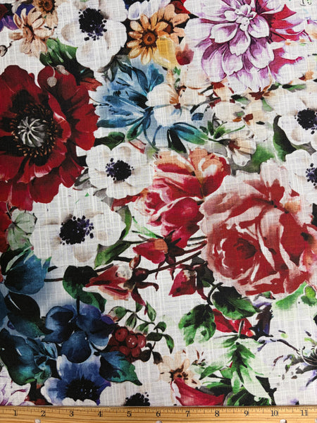 REF-180 FLOWER PRINT LINEN COTTON POPLIN. ITALY. A CUT OF 2-3/8 YARDS