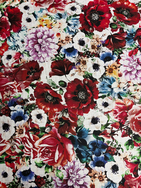 REF-180 FLOWER PRINT LINEN COTTON POPLIN. ITALY. A CUT OF 2-3/8 YARDS