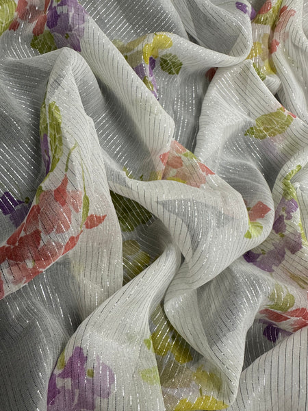 REF-187 FLOWER PRINT SILK LUREX CHIFFON. ITALY. A CUT OF 2-1/2 YARDS