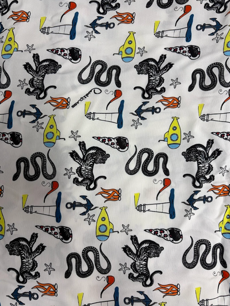 REF-198 DESIGNER FUNKY PRINT VISCOSE CREPE. ROBERTO CAVALLI. ITALY. A CUT OF 4-1/4 YARDS