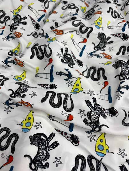 REF-198 DESIGNER FUNKY PRINT VISCOSE CREPE. ROBERTO CAVALLI. ITALY. A CUT OF 4-1/4 YARDS