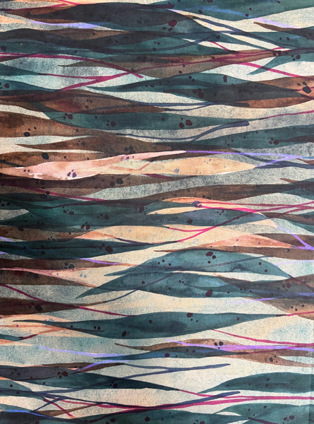 REF-208 WATERCOLOR LEAF PRINT COTTON LAWN. A CUT OF 5/8 YARD.