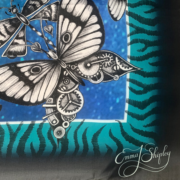 ES-1044-B "MARIPOSA MECÁNICA" - EMMA SHIPLEY DIGITAL PRINT SILK SCARF. MADE IN ITALY