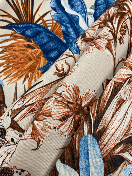 CP-7775W TROPICAL PRINT STRETCH COTTON DENIM. A CUT OF 1-3/8 YARDS. ITALY