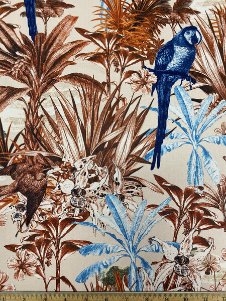 CP-7775W TROPICAL PRINT STRETCH COTTON DENIM. A CUT OF 1-3/8 YARDS. ITALY